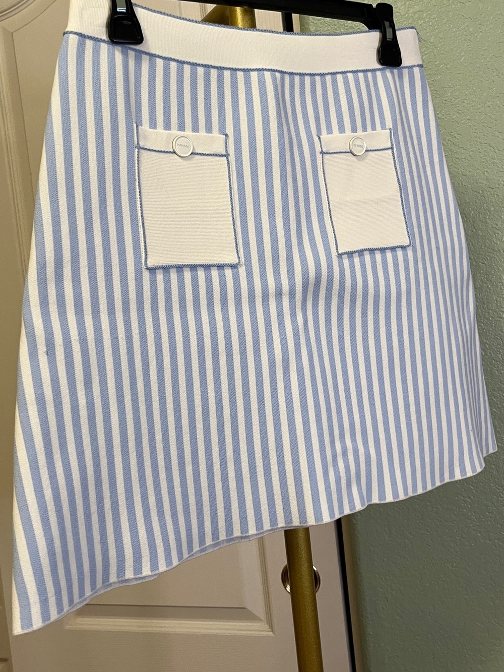 Sandro Blue and White Striped A-Line Skirt with Front Pockets Sz 40 NEW